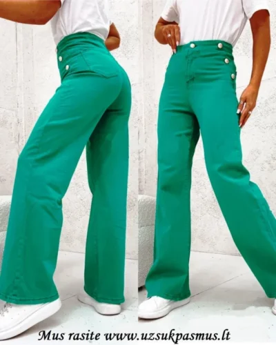Džinsai „Trang” – aukštas liemuo, platūs, smaragdinė žalia spalva