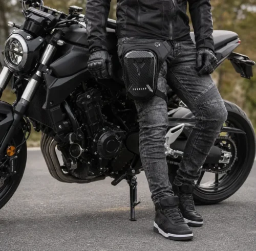 Moto krepšys ant kojos ir juosmens.